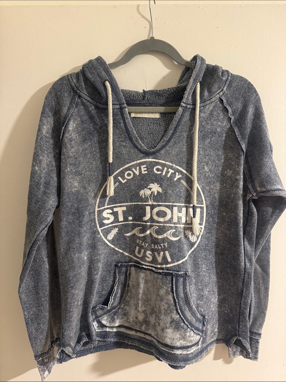 St. John Blue Washed Pullover Hoodie with White Logo